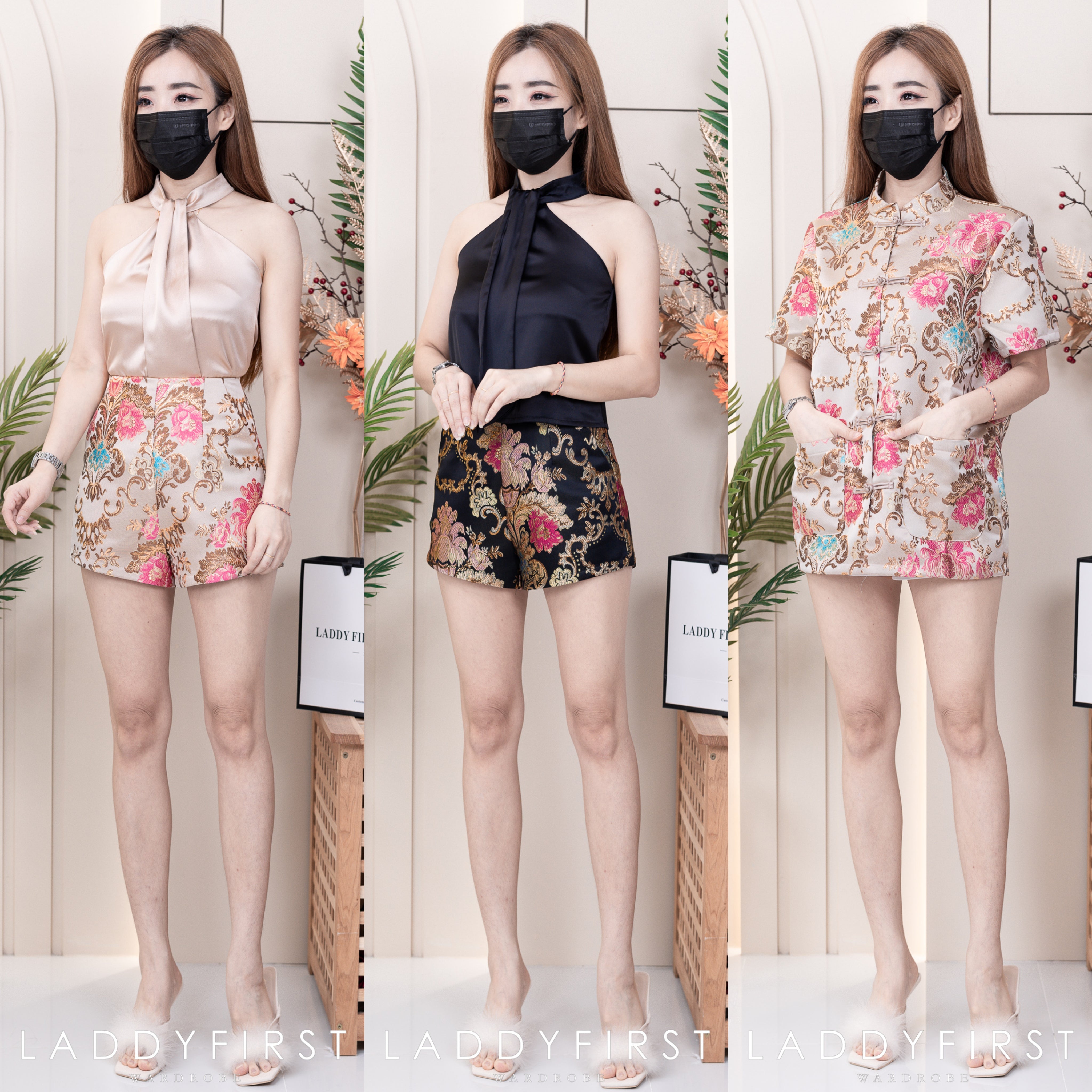 【SS33932】【独家小圆饼】两件式提花时装旗袍套装CUT IN缎面时装上衣➕高档提花高腰短裤，有口袋 ❤️❤️