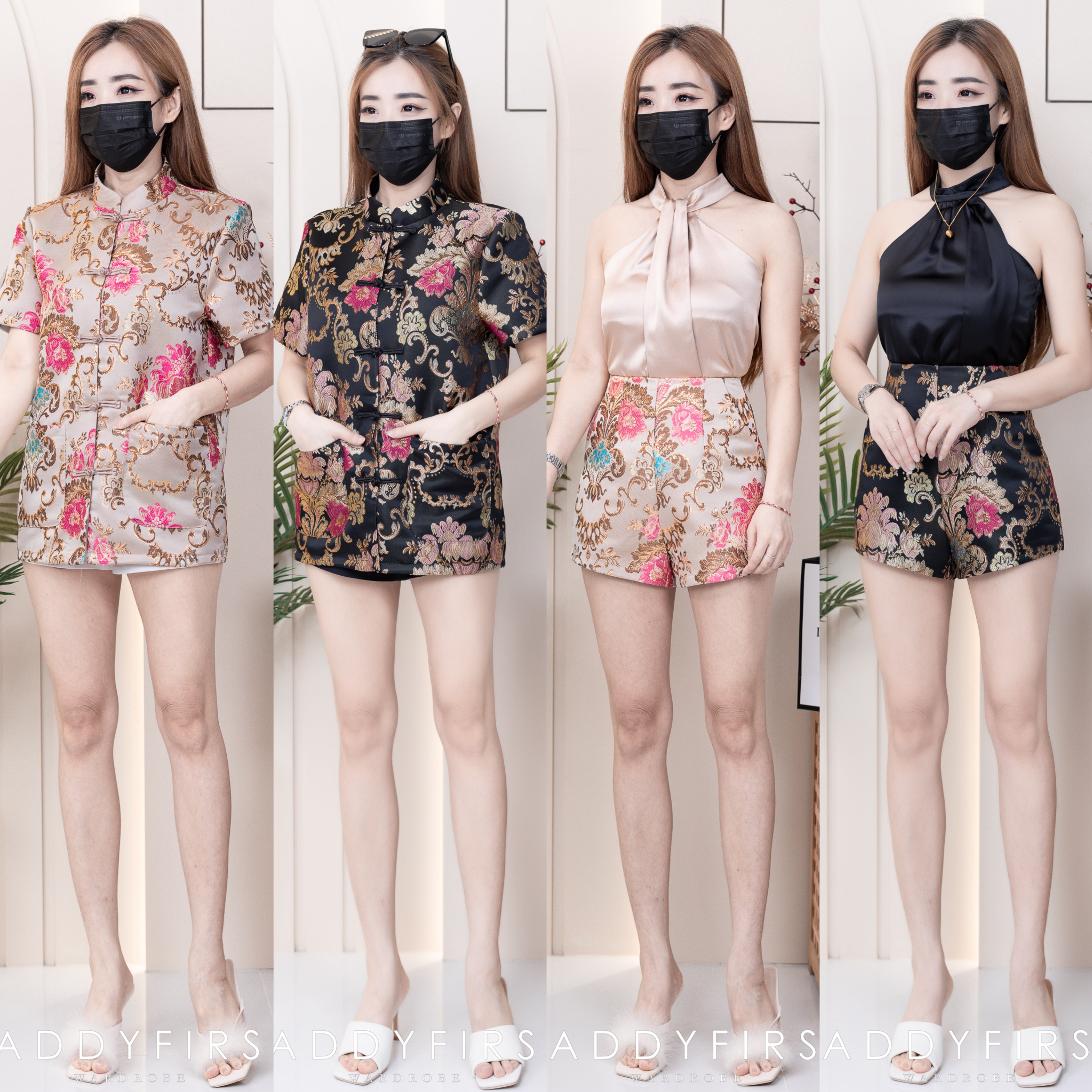 【SS33932】【独家小圆饼】两件式提花时装旗袍套装CUT IN缎面时装上衣➕高档提花高腰短裤，有口袋 ❤️❤️