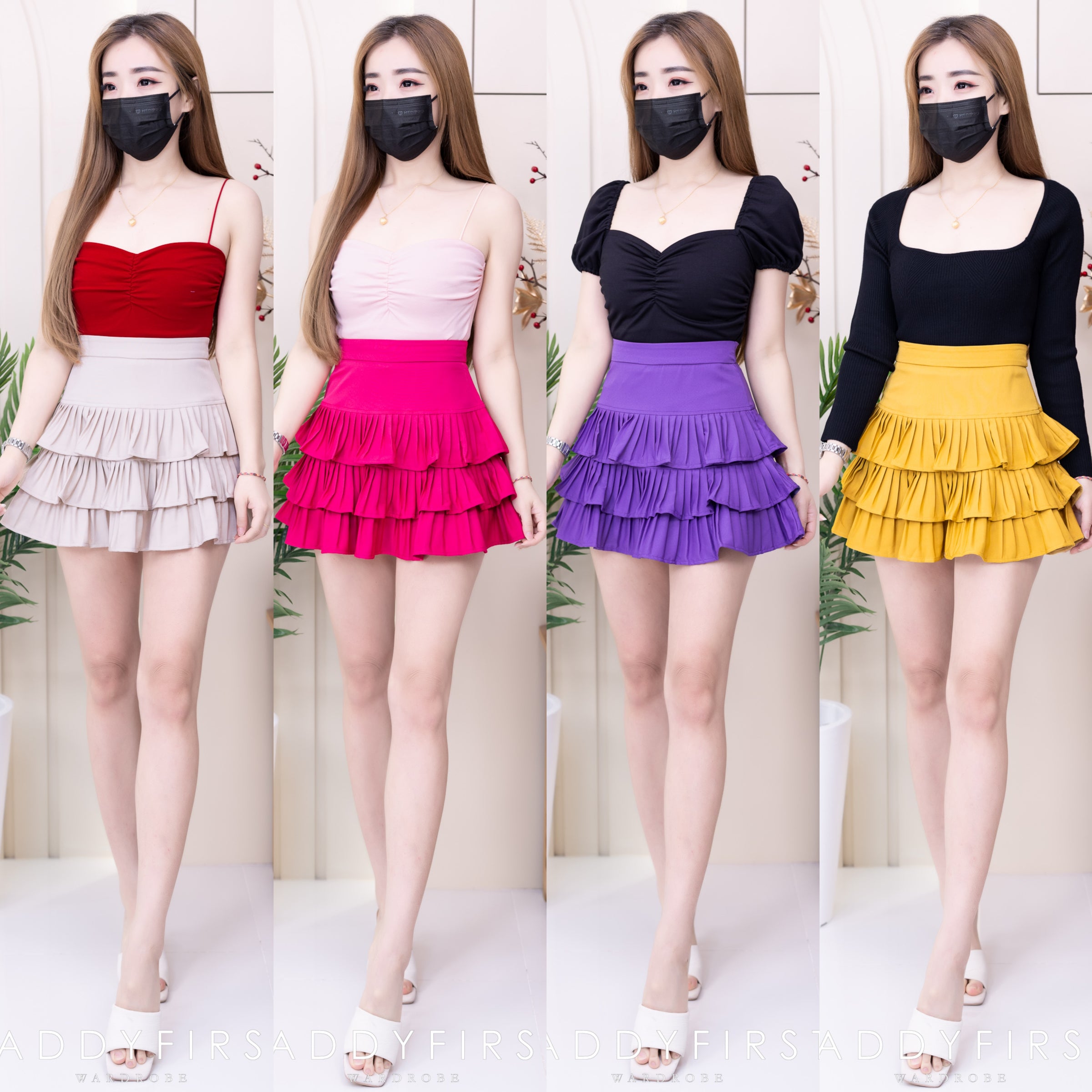 【S3416】【独家小圆饼】三层荷叶边百褶高腰西装蛋糕裙子，内层防走光里布短裤 ❤️❤️ 【A-R2-C4】