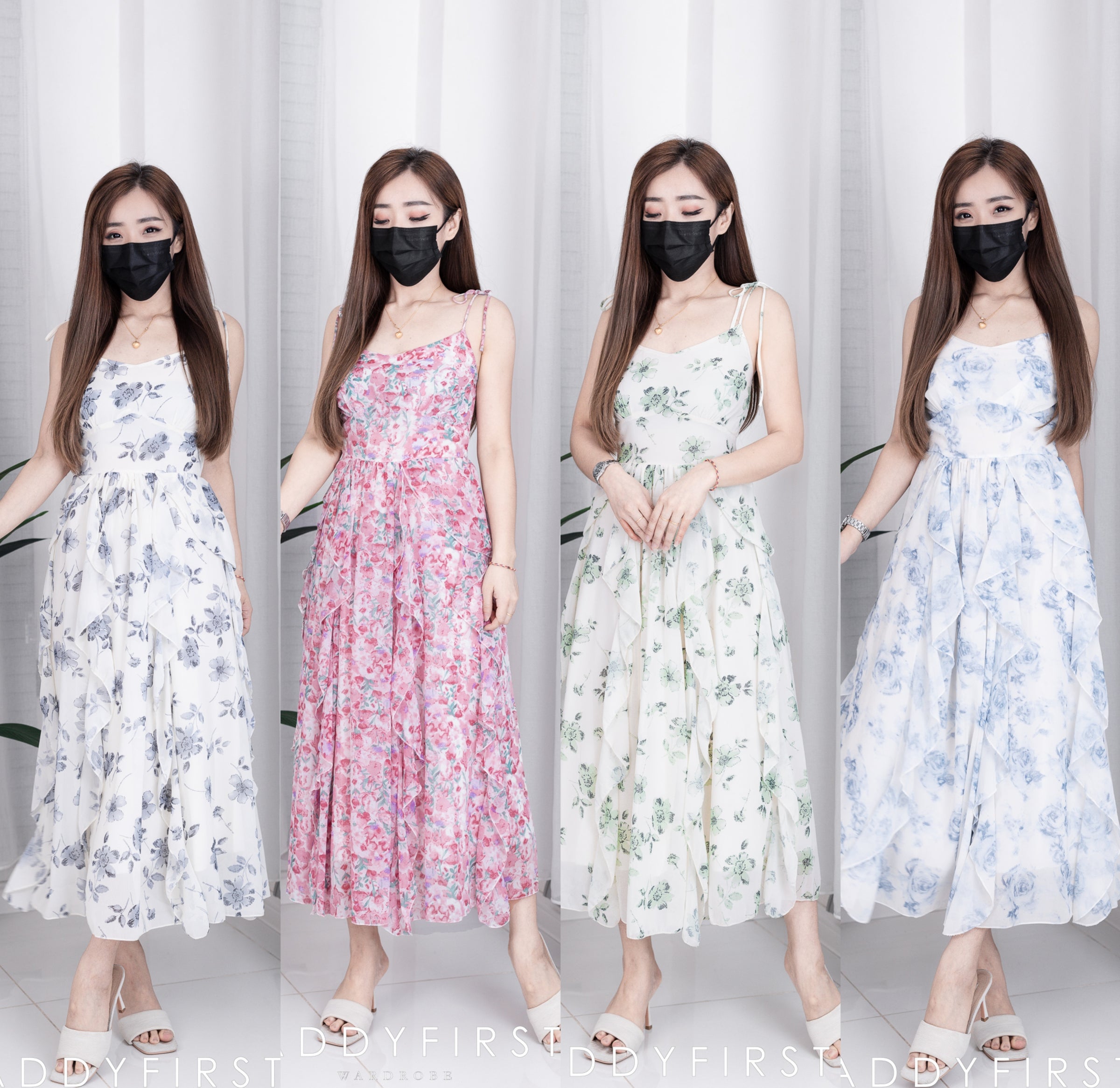 【D7820】V领超仙雪纺荷叶网纱肩带无袖碎花连身裙子，后副伸缩弹力【A-R1-C2】