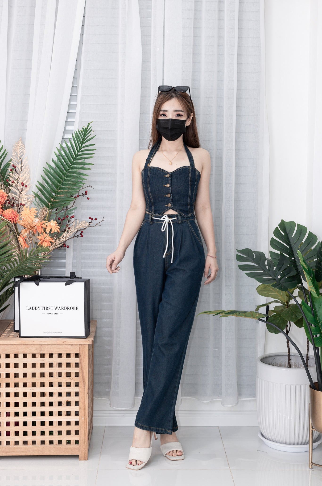 【SS1671】两件式牛仔套装 背带抹胸挂脖上衣，后副伸缩弹力➕牛仔高阔脚腰长裤，有口袋