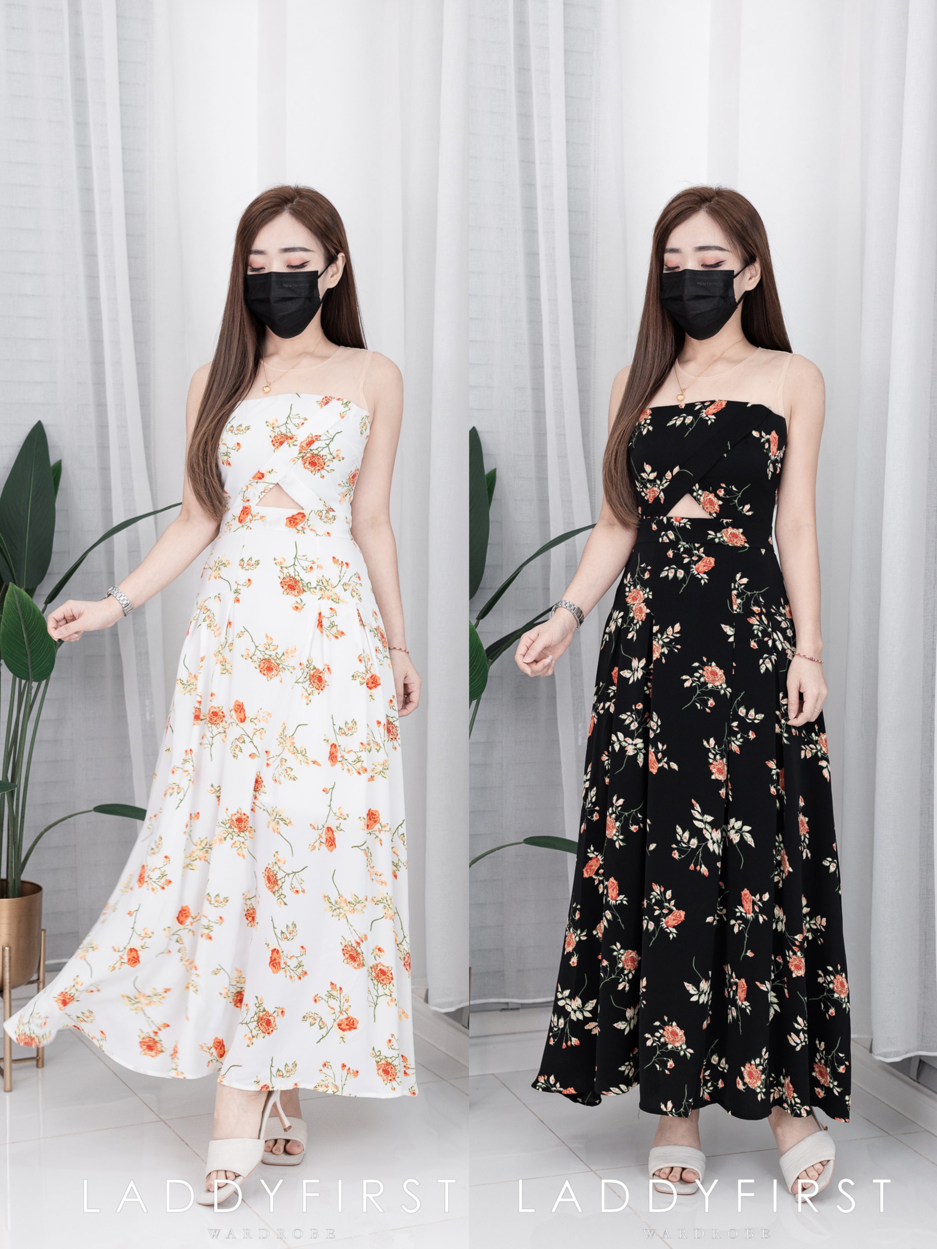 【D5159】透视网纱无袖时尚优雅碎花连身长裙