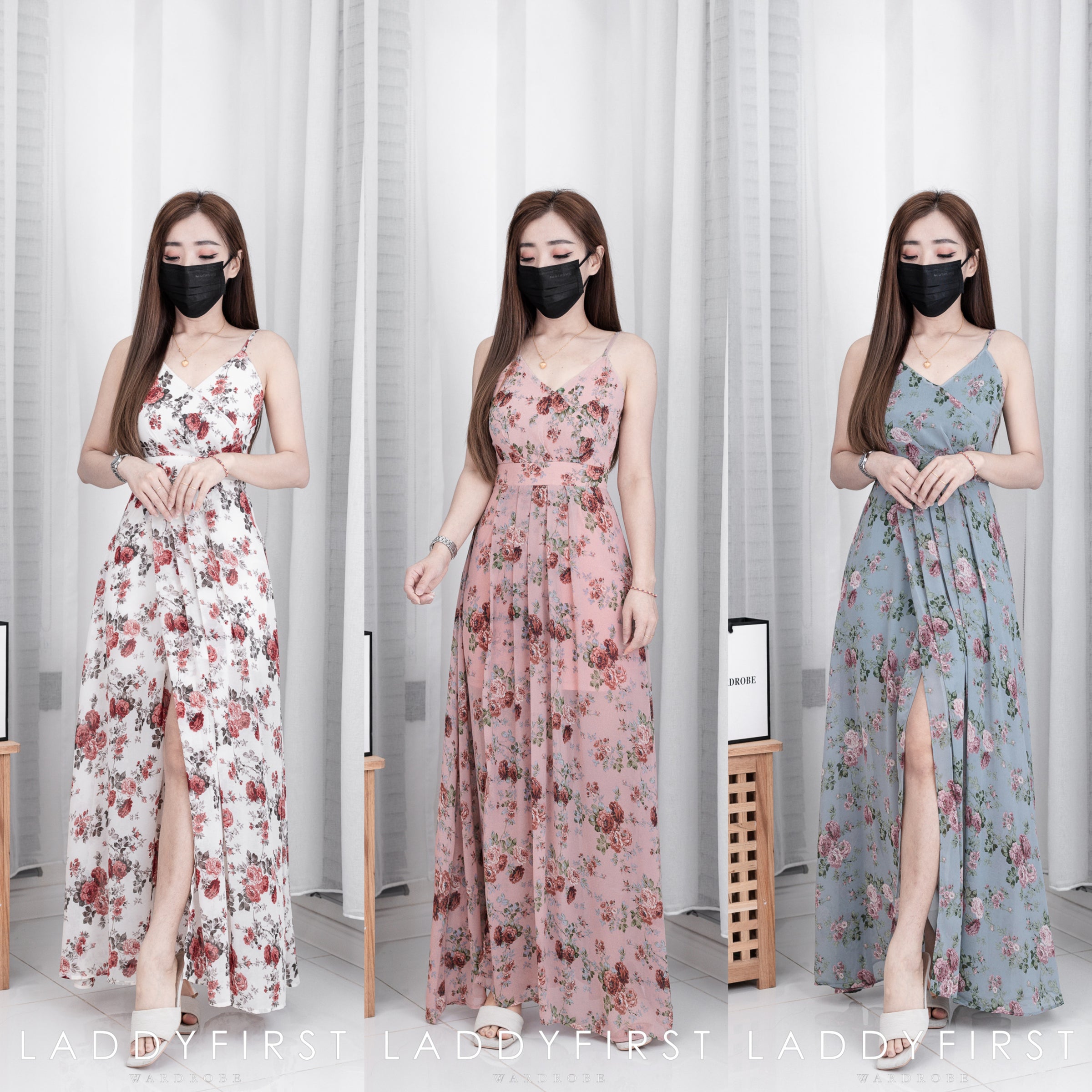 【D22894】独家爆款性感V领吊带碎花雪纺连身长裙，肩带可调节【A-R2-C6】