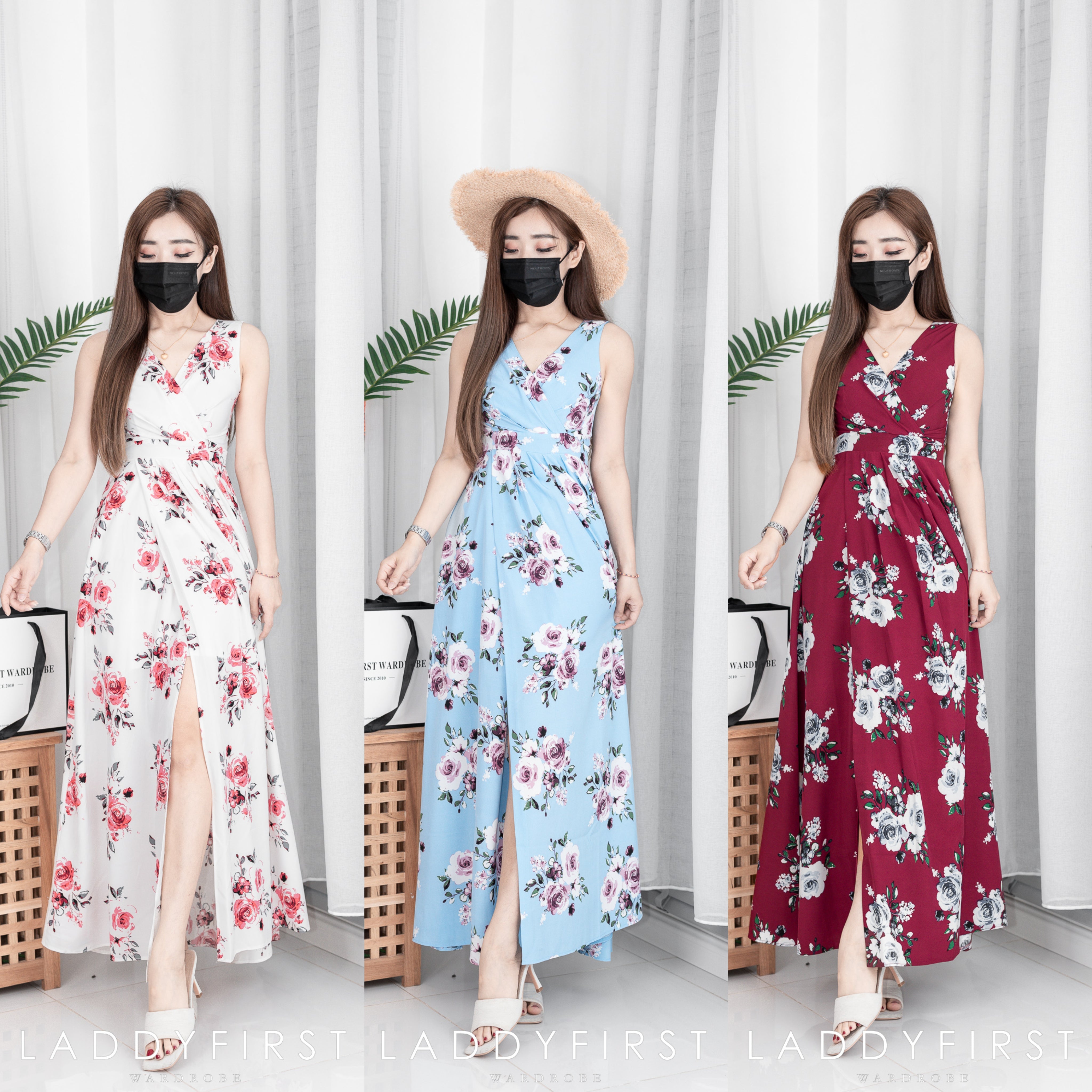 【D2251】欧美风V领交叉设计无袖印花沙滩连身长裙开叉裙子