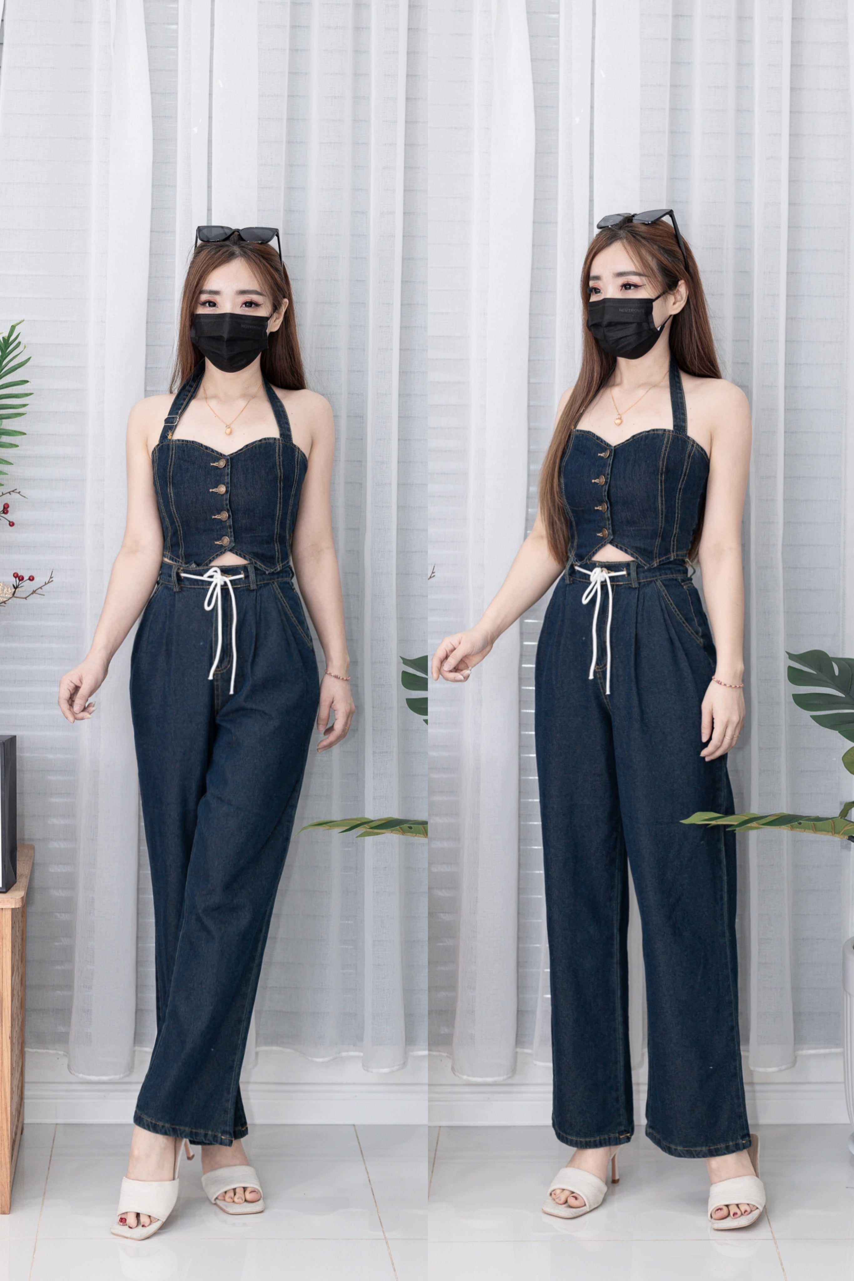 【SS1671】两件式牛仔套装 背带抹胸挂脖上衣，后副伸缩弹力➕牛仔高阔脚腰长裤，有口袋