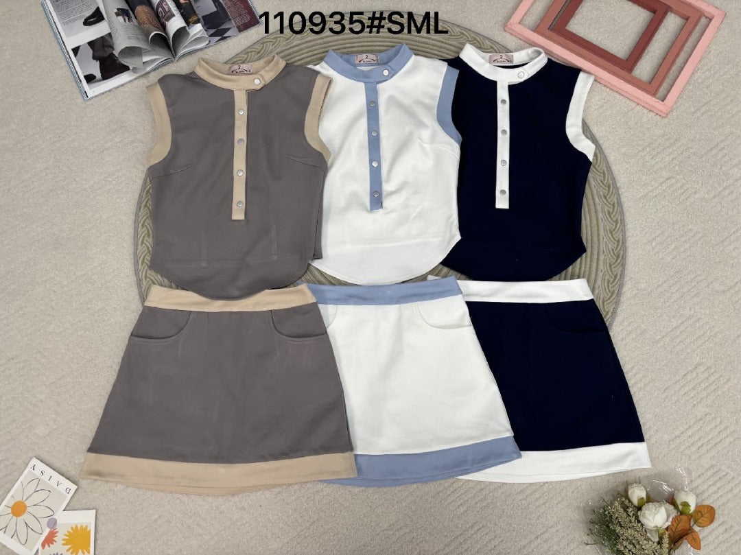 【SS110935】高品质两件式拼色包边厚实罗马时尚套装 无袖罗马上衣➕罗马高腰百搭裙子，内层有里布短裤，有口袋 ❤️❤️