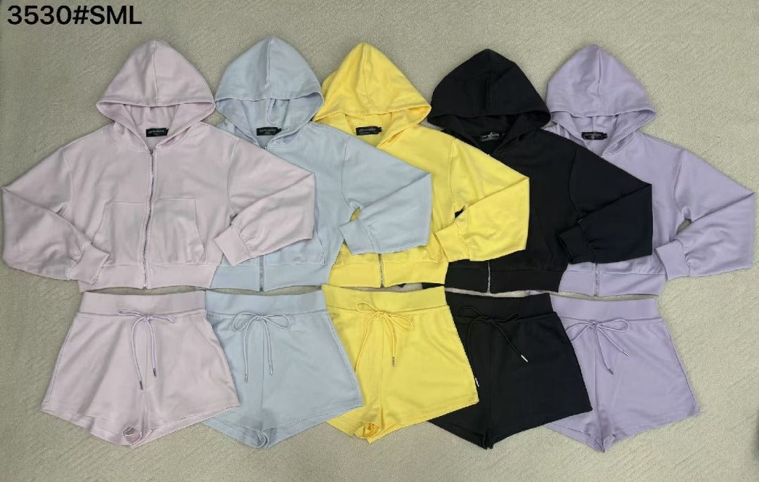 【SS3530】独家爆款高品质纯棉连帽简约休闲运动装百搭套装 连帽长袖上衣➕松紧腰弹力百搭短裤 ❤️❤️