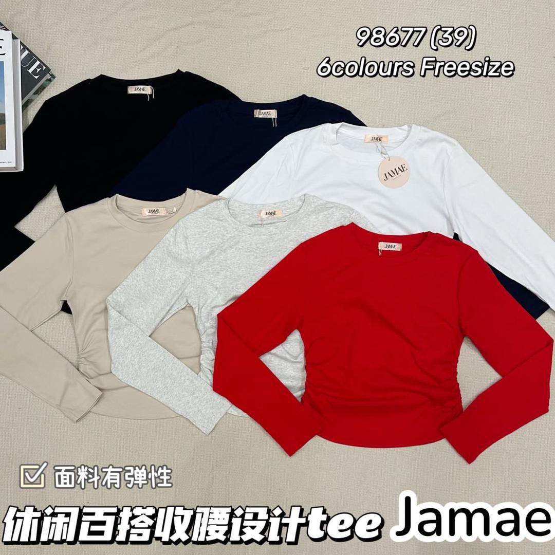 【T98677】高品质圆领短袖腰间收腰设计纯棉弹力休闲百搭长袖上衣 ❤❤