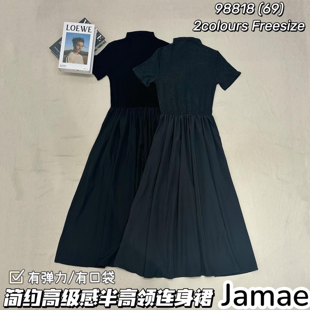 【D98818】高品质半高领纯棉弹力短袖上衣拼接雪纺连身长裙，腰间伸缩弹力 ❤❤