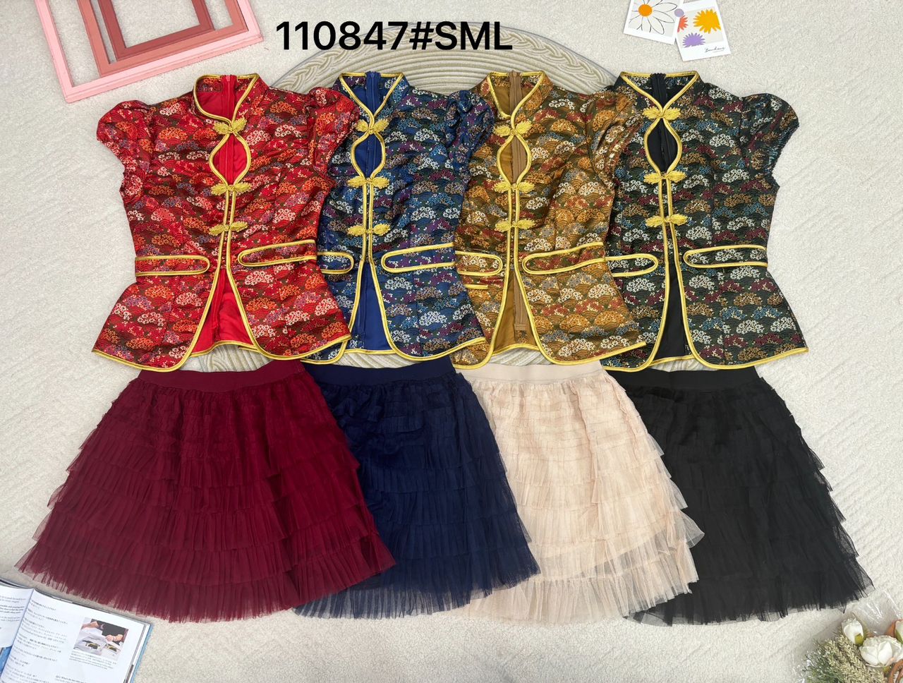 【SS110847】高品质两件式特别设计感提花拼接网纱旗袍套装 泡泡袖提花旗袍上衣➕层次网纱蛋糕裙子，内层有里布短裤 ❤️❤️