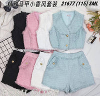 【SS21677 / 37419】高品质两件式精致马甲式小香风套装 马甲式小香风上衣➕小香风高腰百搭短裤，有口袋 ❤️❤️ 【D-R1-C4】