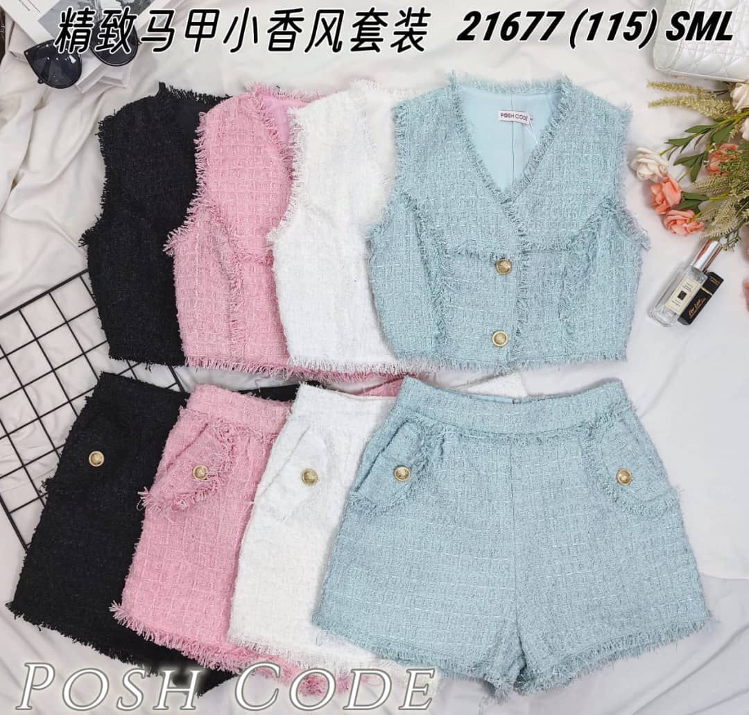 【SS21677 / 37419】高品质两件式精致马甲式小香风套装 马甲式小香风上衣➕小香风高腰百搭短裤，有口袋 ❤️❤️ 【D-R1-C4】