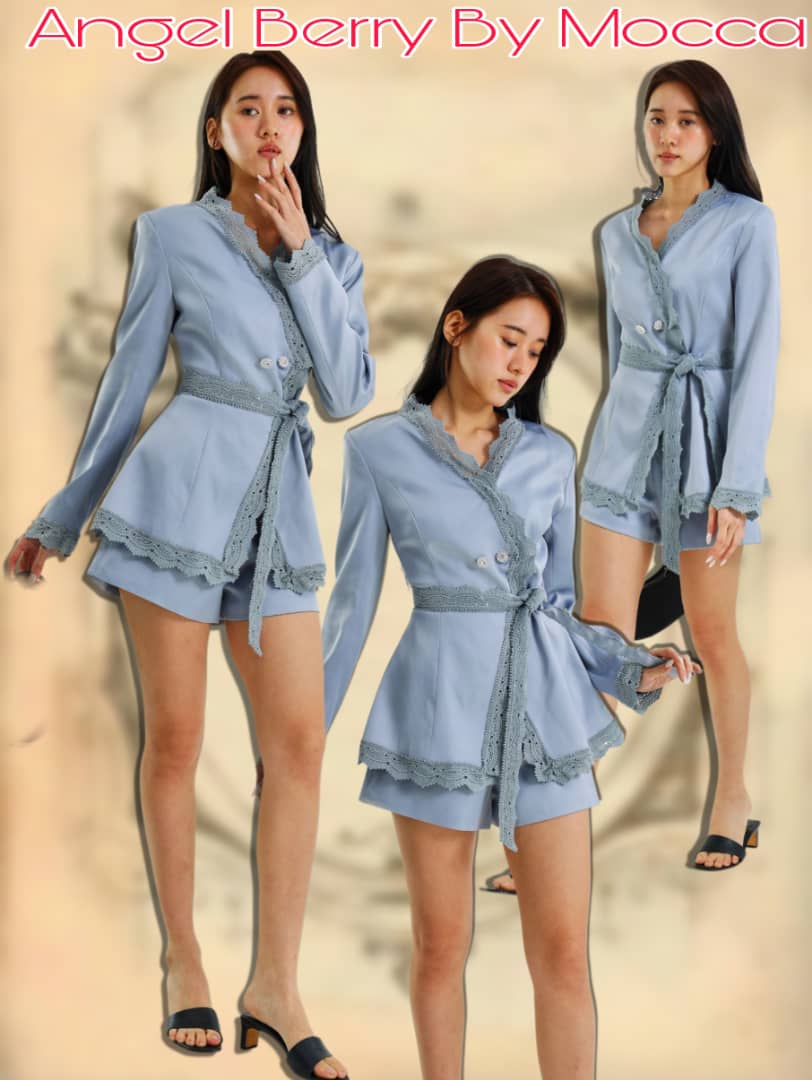 【SS25144】【补厂家现货⚡️⚡️】高品质两件式高端气质缎面套装 V领桐花边长袖连衣裙➕缎面高腰百搭短裤 ❤️❤️