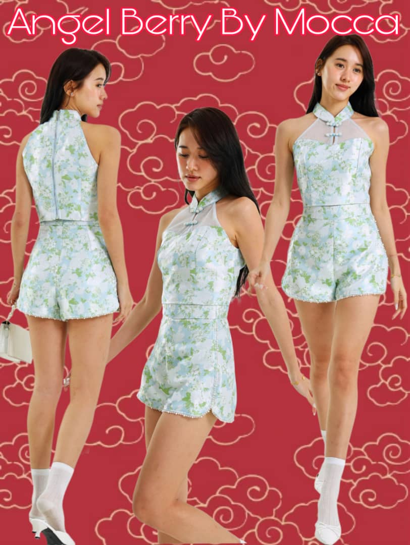 【SS25230】【补厂家现货⚡️⚡️】高品质两件式新中式提花旗袍套装 提花拼接网纱CUT IN旗袍上衣➕提花高腰百搭短裤，有口袋 ❤️❤️