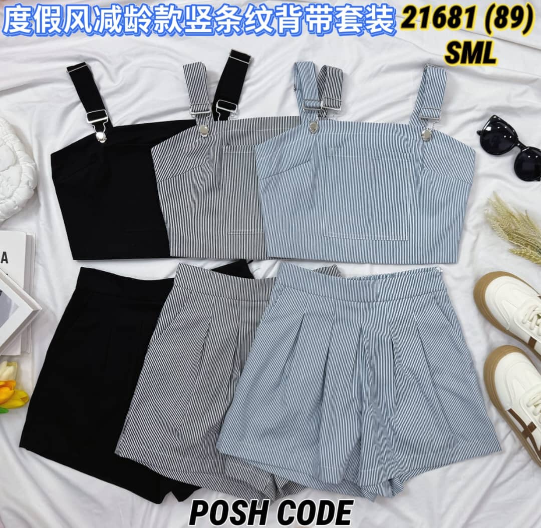 【SS21681 / 16920】【补厂家现货⚡️⚡️】高品质两件式减龄款简约牛子百搭套装 自调吊带短版上衣➕宽腿牛仔高腰百搭短裤，有口袋 ❤️❤️