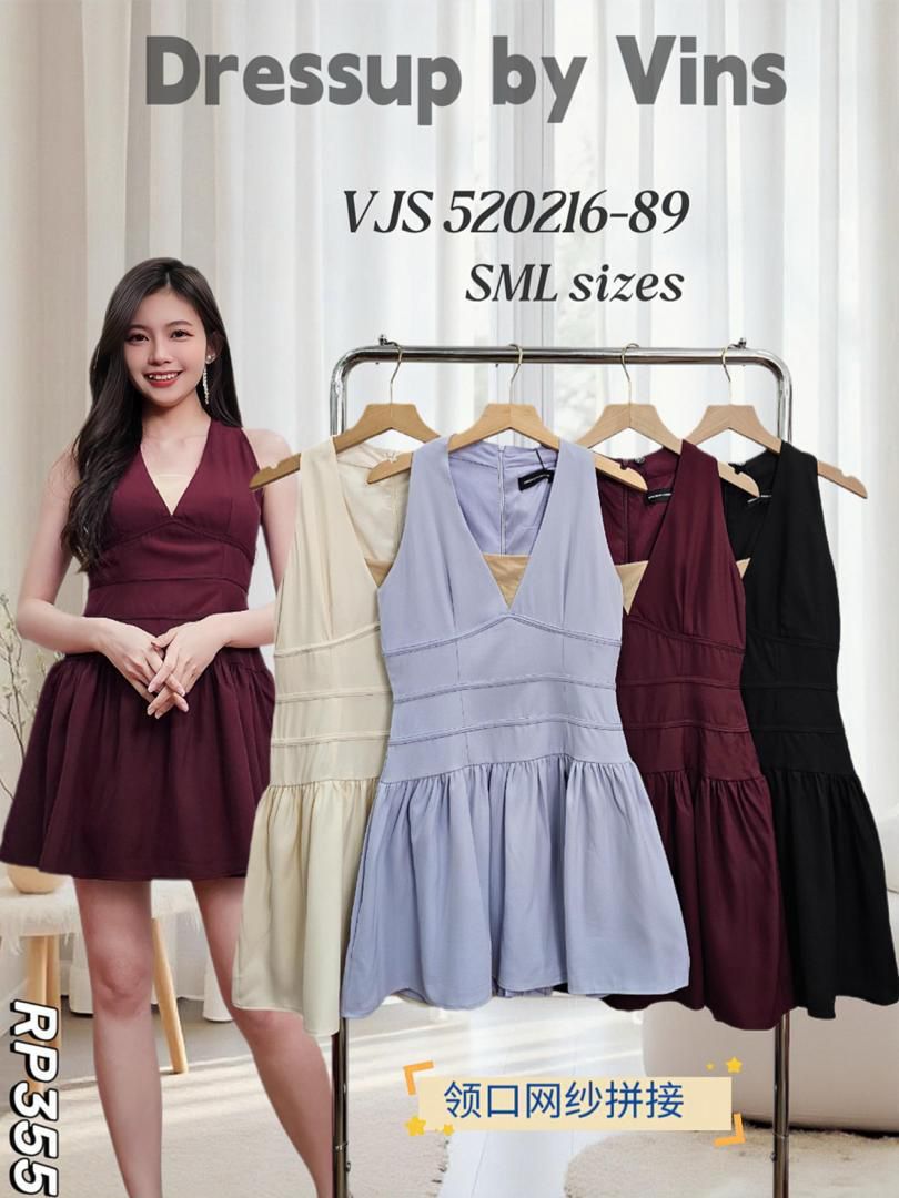 【D520216】【补厂家现货⚡️⚡️】高品质拼接V领网纱雪纺无袖连身裙子 ❤❤