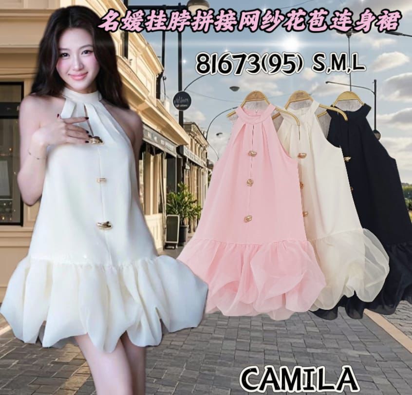 【D81673 / 37491】高品质可盐可甜名媛风拼接网纱花苞连身裙子，内层有里布短裤 ❤❤