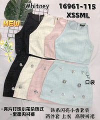 【SS16961】高品质两件式气质韩系闪亮小香风套装 小香风无袖上衣➕亮片钉珠小花朵小香风高腰裙子，内层有里布短裤，有口袋 ❤️❤️ 【C-R1-C5】