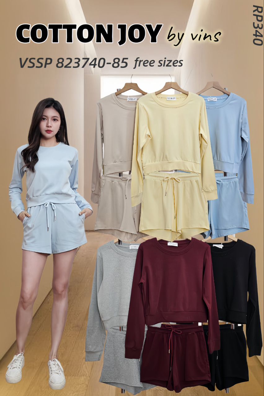 【SS823740】高品质两件式纯棉简约休闲百搭套装 宽松版休闲百搭长袖上衣➕松紧腰弹力休闲短裤，有口袋 ❤️❤️【B-R1-C4】