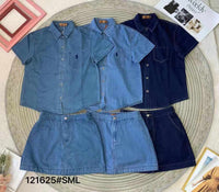 【SS121625】高质量Polo牛仔套装, 牛仔衬衫+高腰弹力裤裙 , 前后裙子 里面裤子 ❤️