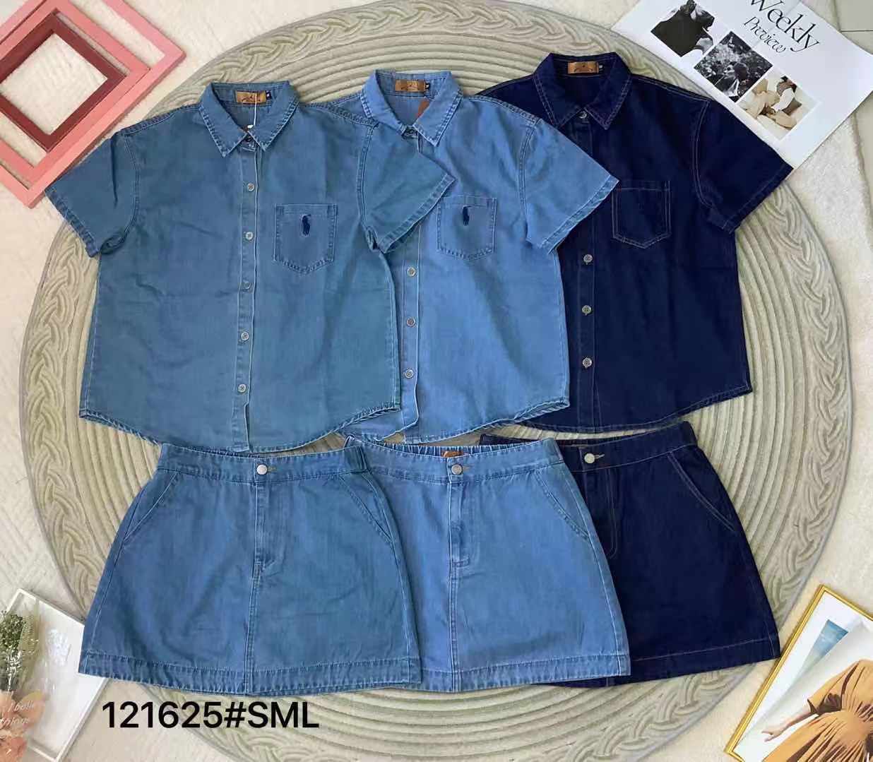 【SS121625】高质量Polo牛仔套装, 牛仔衬衫+高腰弹力裤裙 , 前后裙子 里面裤子 ❤️