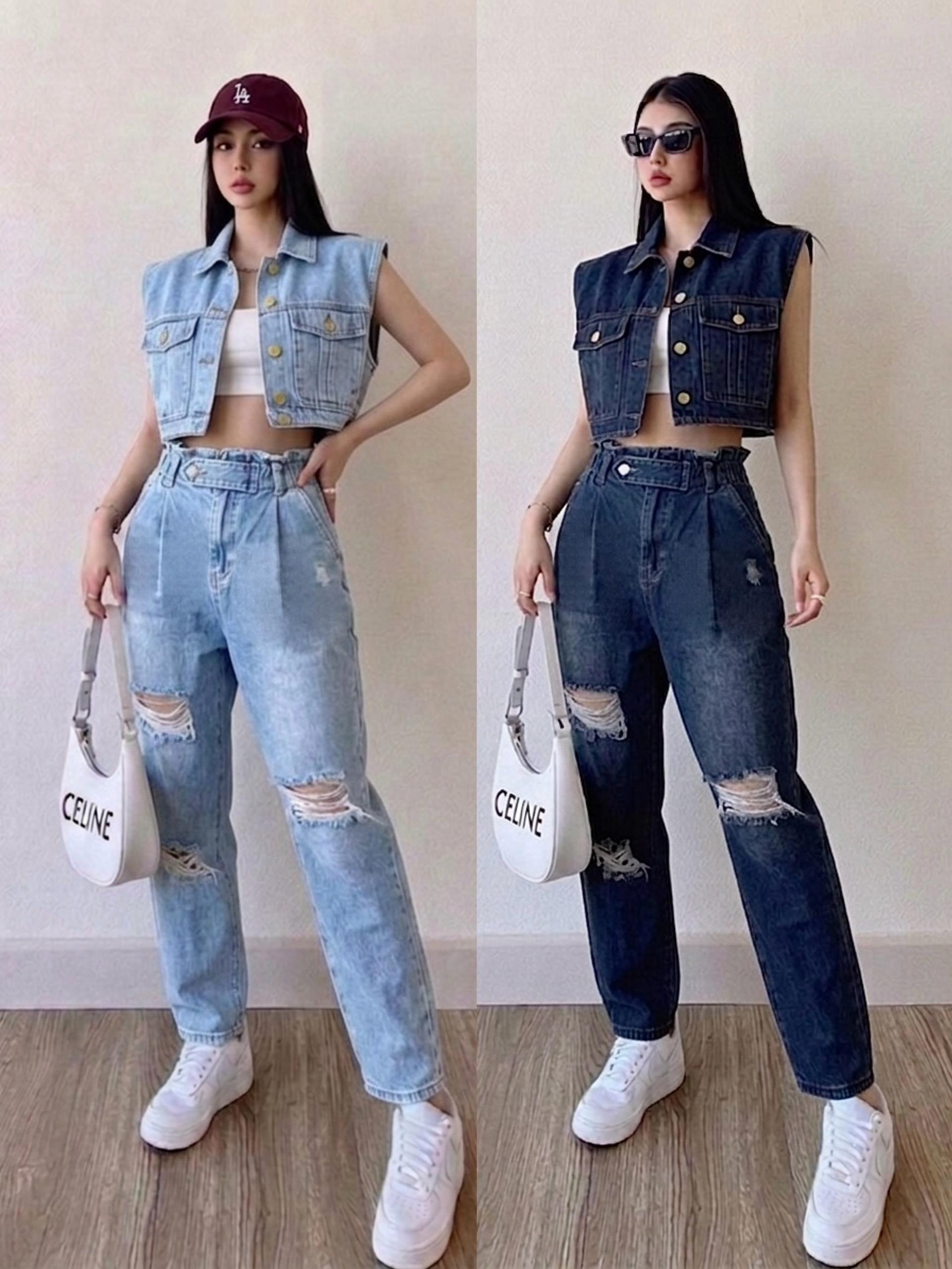 【SS51487】高品质欧美风牛仔两件套 , 无袖外套 + 牛仔波洞长裤, 裤子腰围伸缩弹力 , 有口袋 ❤️