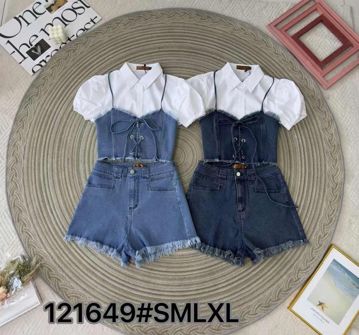 【SS121649】高品质3件式牛仔套装 , 牛仔吊带 + 公主袖衬衫 + 牛仔短裤 ❤️