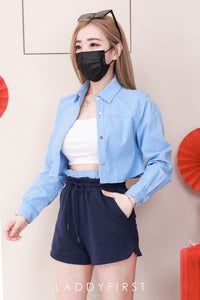 【SS3456】LFW独家小圆饼高品质两件式韩版简约时尚套装 翻领长袖宽松短版牛仔外套➕卫衣棉棉松紧腰休闲百搭短裤，有口袋 ❤️❤️ 【D-R1-C4】
