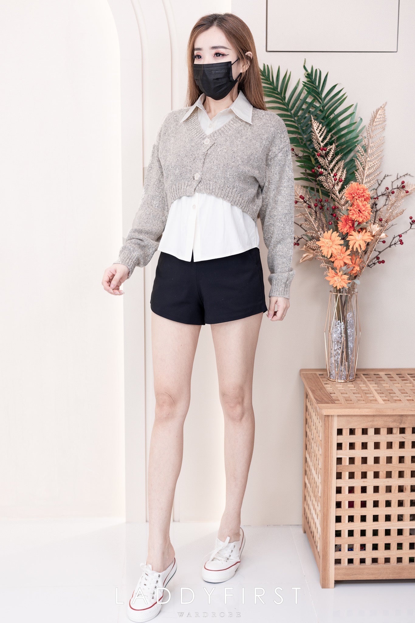 【T8826】高品质两件式韩系时尚宽松翻领衬衫➕针织毛衣长袖小外套 ❤❤