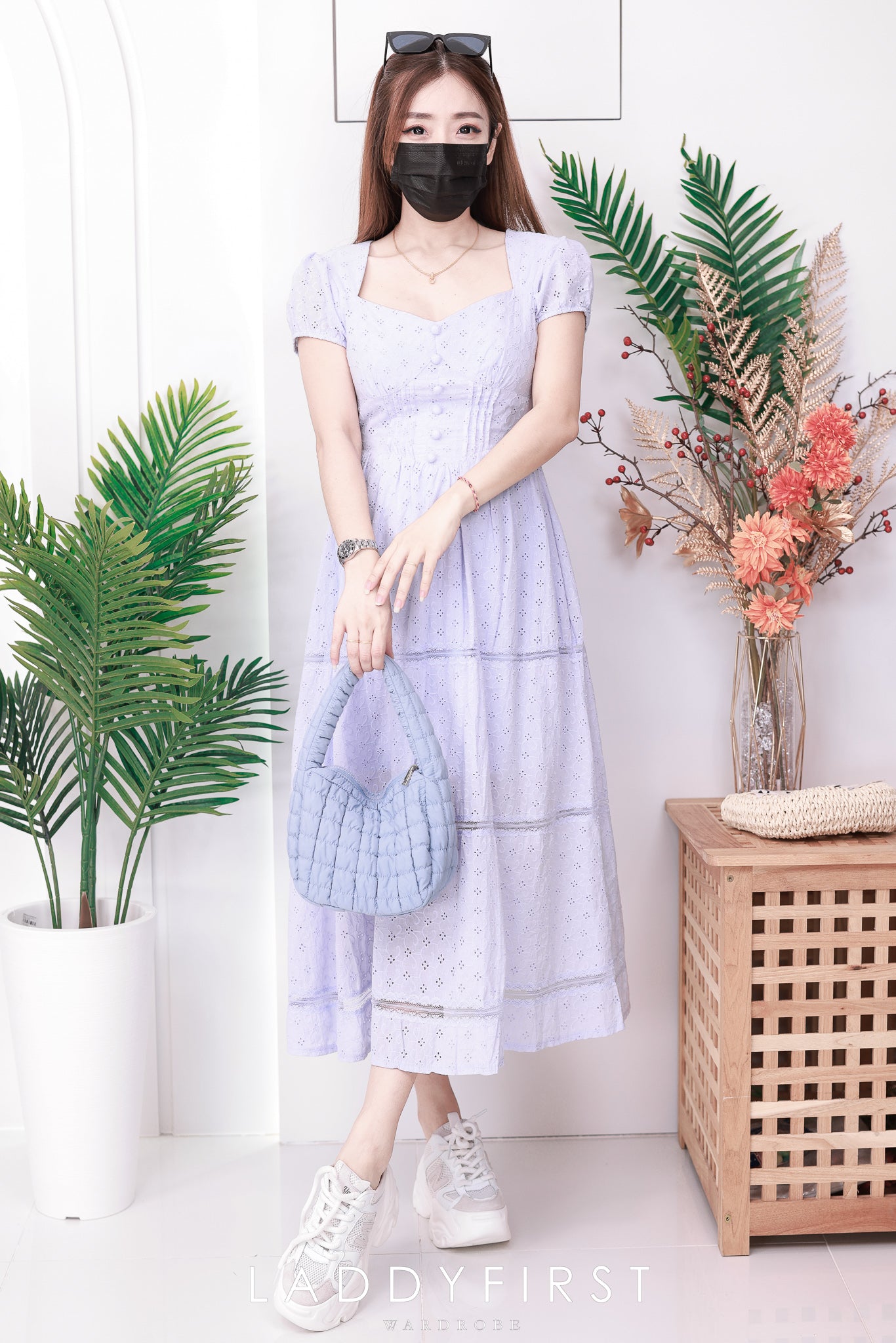 【D38416】高品质爱心领口泡泡短袖铜花简约连身裙子 ❤️❤️