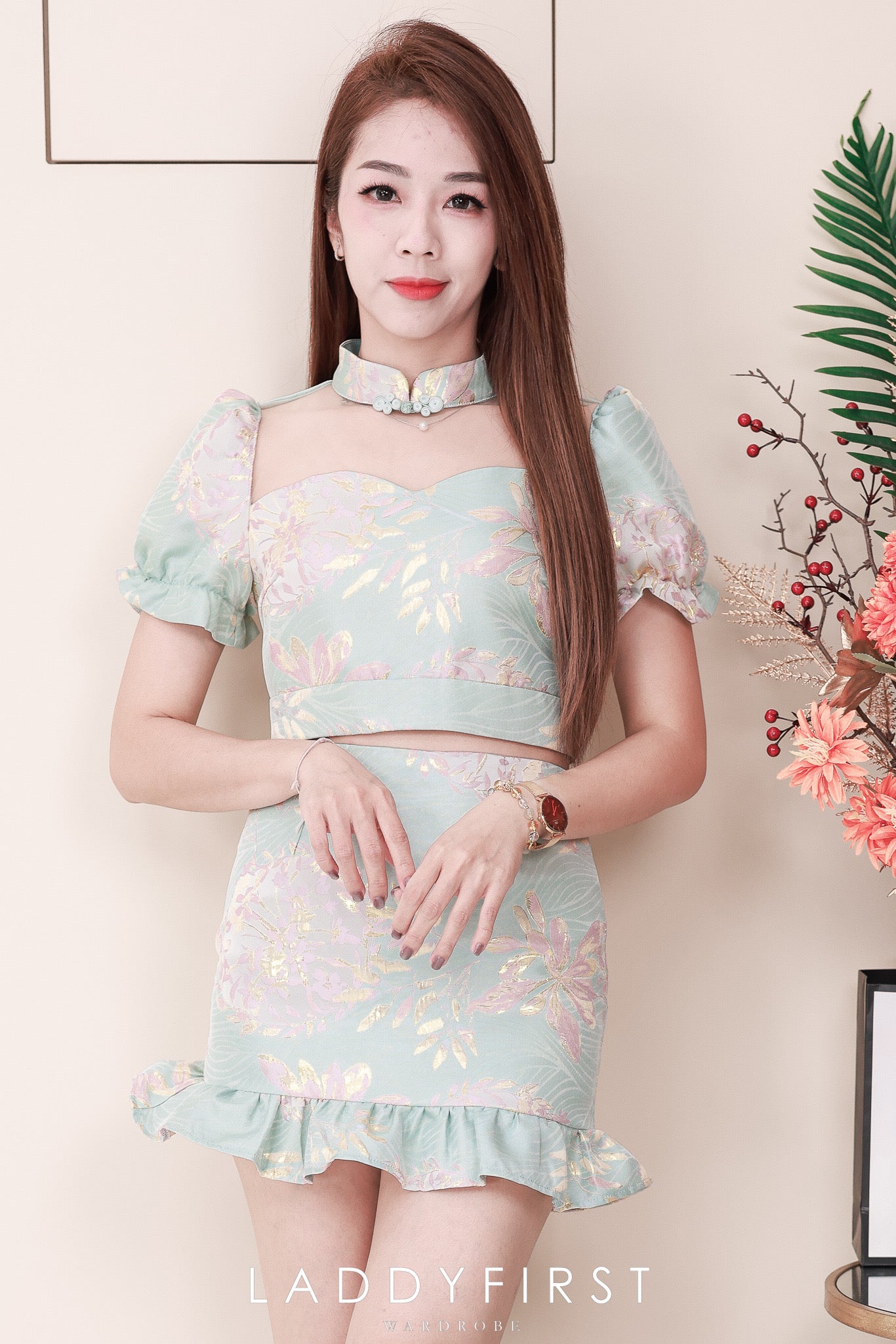 【SS3386-2】【LFW独家小圆饼】高品质两件式提花旗袍套装 泡泡袖提花拼接网纱旗袍上衣➕荷叶摆提花高腰裙子，内层有里布短裤 ❤️❤️