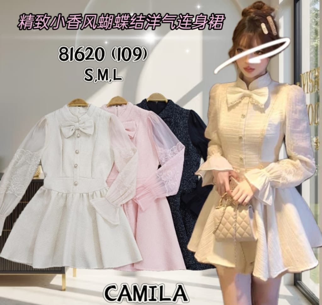 【D81620 / 37392】高品质高端洋气甜美蝴蝶结设计小香风连身裙子，内层有里布短裤❤️❤️