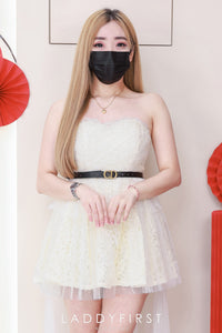 【D81524 / 33807】高品质防滑抹胸铜花拼接网纱连身裙子，内层有里布短裤 #小礼服 ❤❤【B-R2-C4】