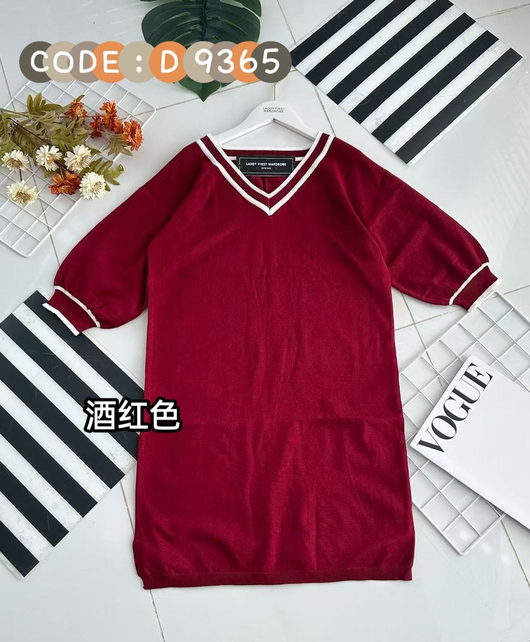 【D9365】高品质A牌针织弹力双色V领七分袖慵懒连身裙子 ❤️❤️