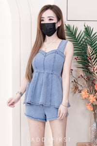 【SS3419】【独家小圆饼】COTTON JEANS 两件式牛仔时尚套装 #牛仔有弹力 无袖牛仔娃娃上衣➕牛仔高腰百搭短裤，后副伸缩弹力有口袋 ❤️❤️【C-R1-C4】