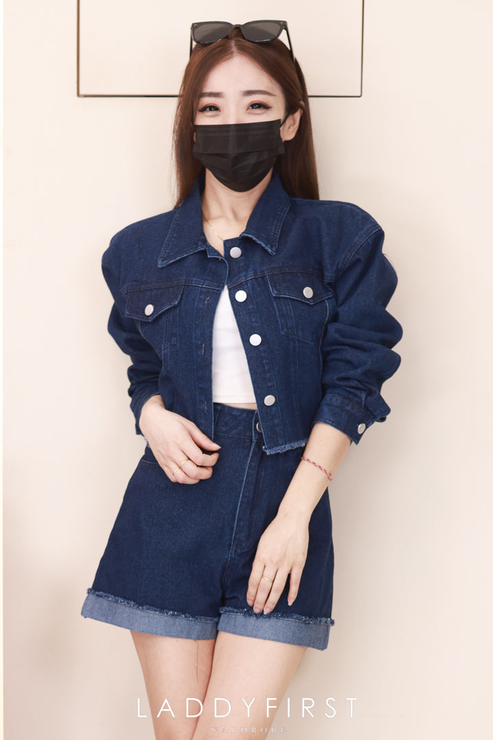 【SS7093】高品质复古风气质牛仔套装 翻领长袖牛仔上衣➕牛仔高腰百搭短裤，有口袋 ❤️❤️【D-R1-C1】
