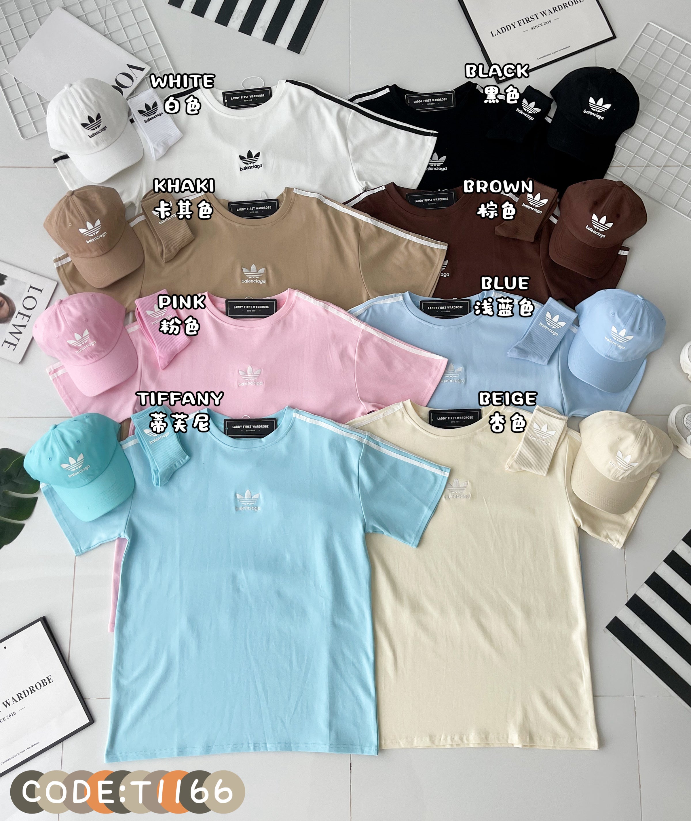 【O1166】高品质三件套男女同款圆领短袖三叶草刺绣Oversized 休闲上衣➕帽子➕袜子 ❤❤【A-RU-1】
