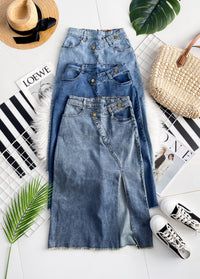 【L121417】高品质COTTON JEANS牛仔弹力韩系时尚开叉设计高腰裙子，有口袋 ❤️❤️ 【A-R1-C1】