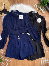 【SS3451】【LFW独家小圆饼】高品质两件式简约时尚套装 透视雪纺长袖上衣➕西装高腰显瘦百搭短裤，有口袋 ❤️❤️【C-R3-C4】