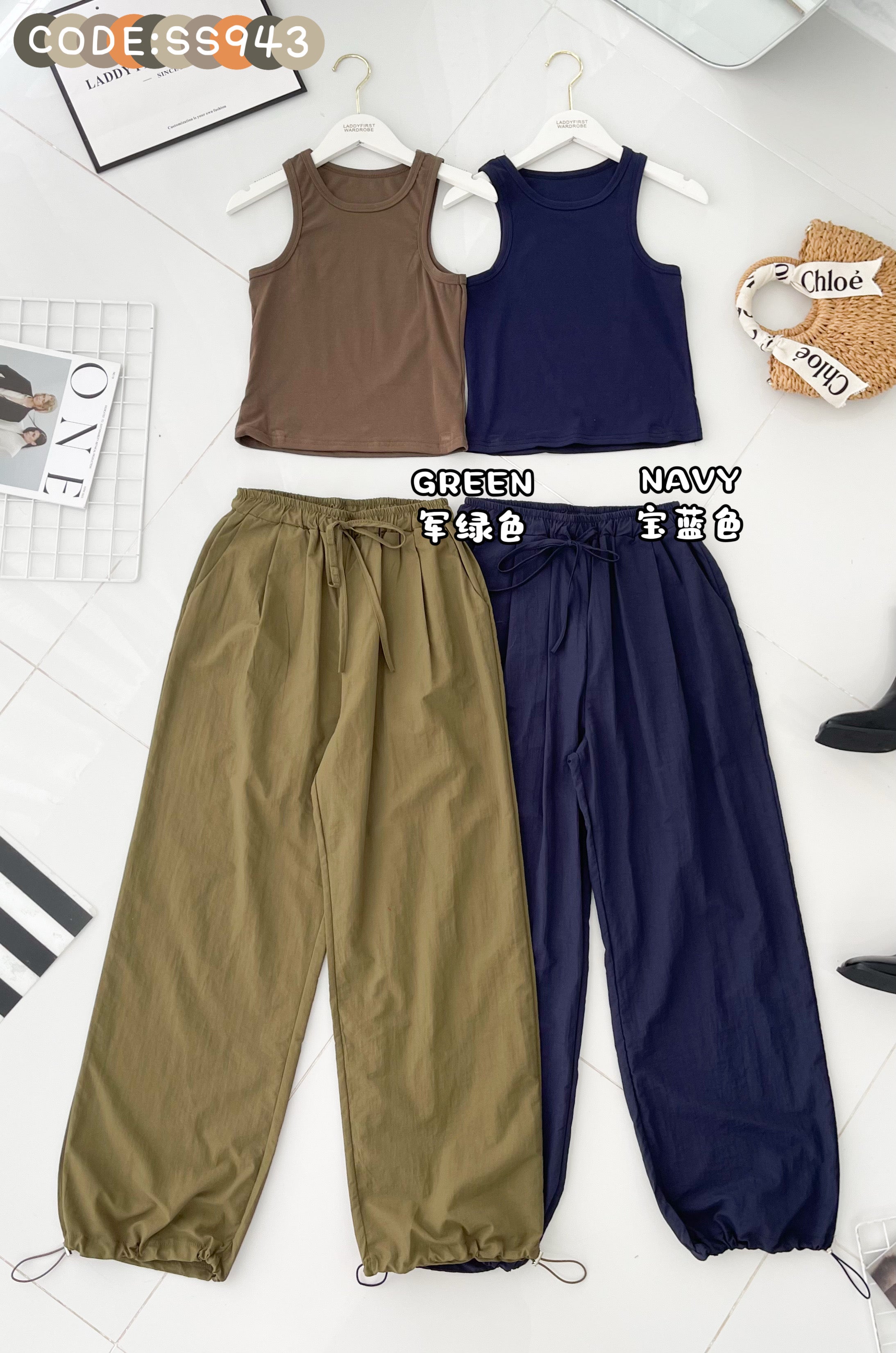 【SS943】高品质冷酷韩式休闲百搭套现 纯棉弹力无袖百搭上衣➕松紧腰弹力工装百搭长裤，有口袋 ❤️❤️
