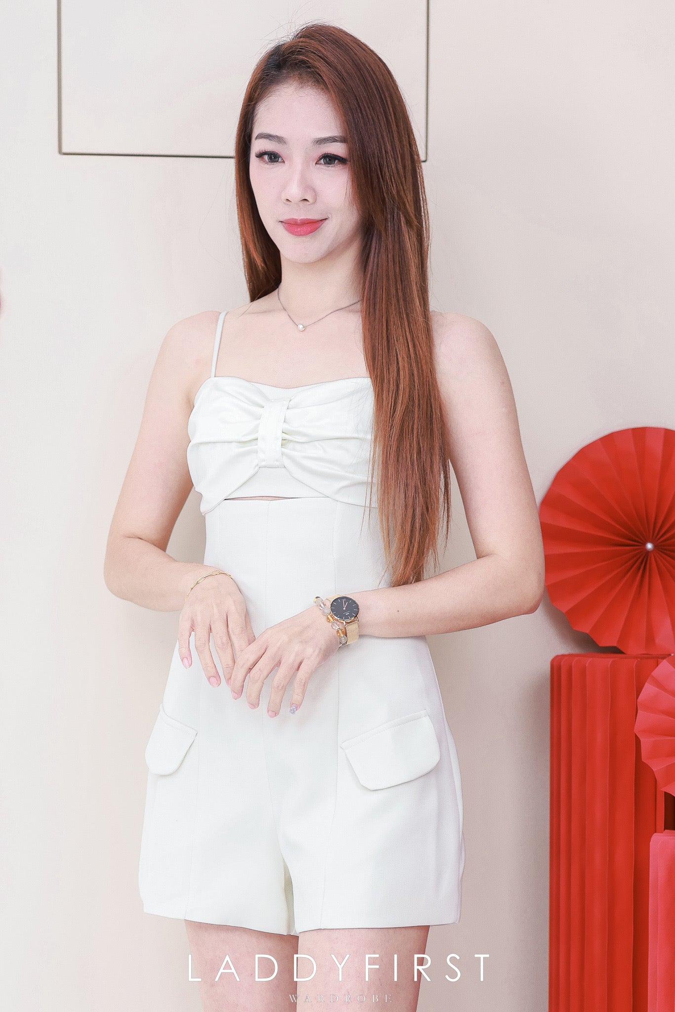 【D71101 / 62546】高品质自调无袖简单蝴蝶结领口西装连身短裤 ❤❤【B-R1-C2】