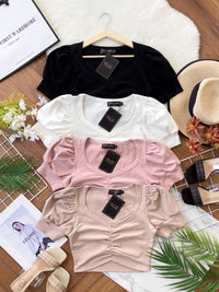 【T3337】💋特厚棉高质量百搭💋独家爆款韩版V领显瘦短款褶皱纯棉弹力百搭上衣 【B-R1-C3】