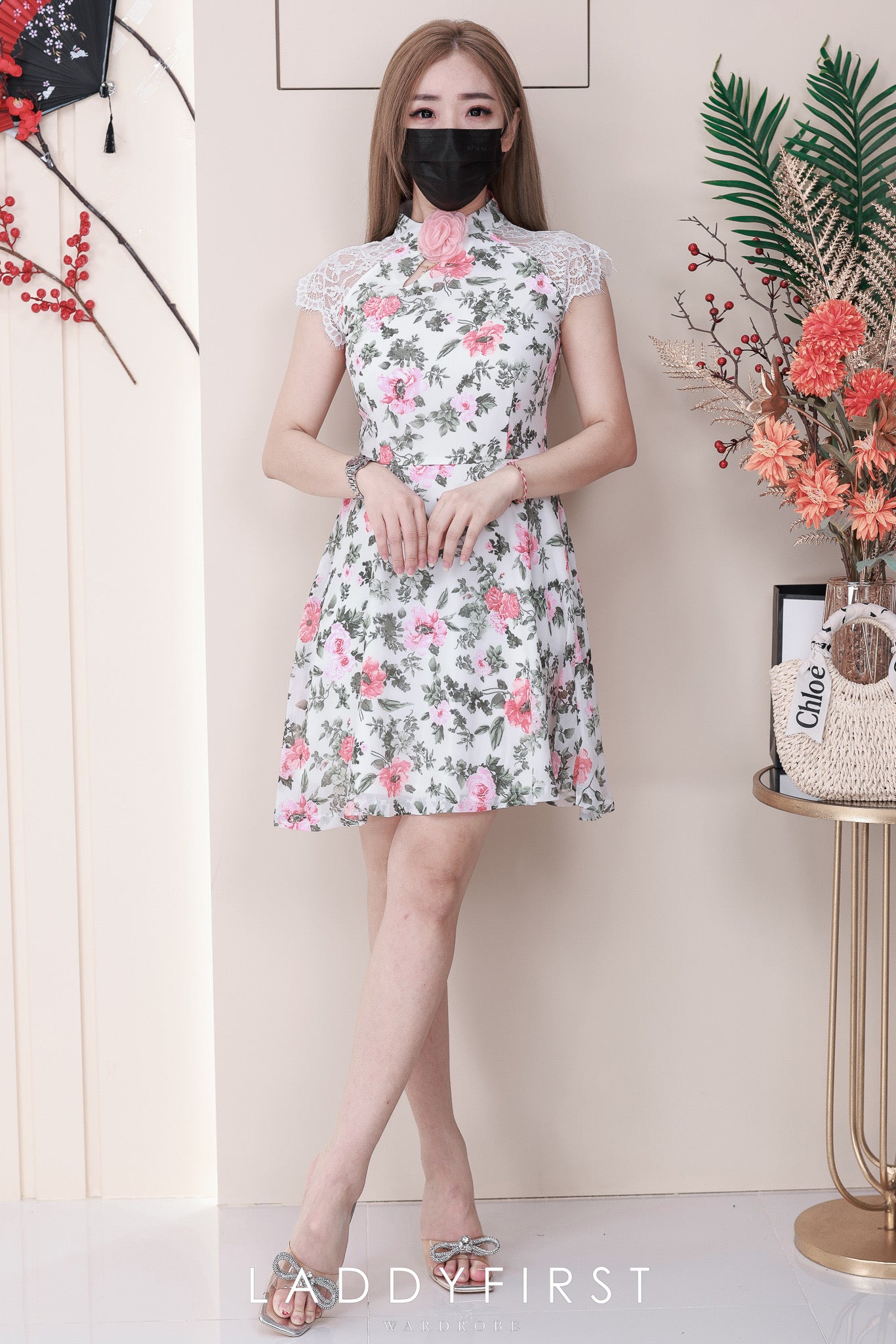 【D8234111】高品质立体花瓣领设计雪纺印花连身裙子 ❤❤