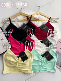 【T3358】V领小皱褶设计细带无袖纯棉弹力内搭上衣 ❤❤【A-R2-C2】