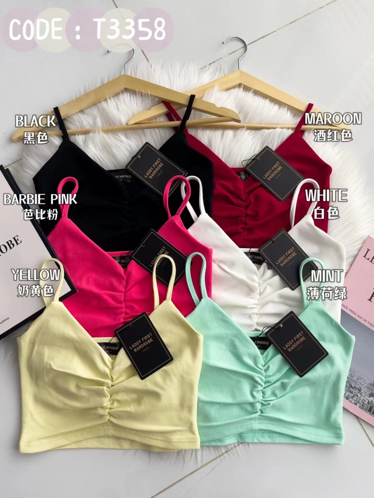 【T3358】V领小皱褶设计细带无袖纯棉弹力内搭上衣 ❤❤【A-R2-C2】