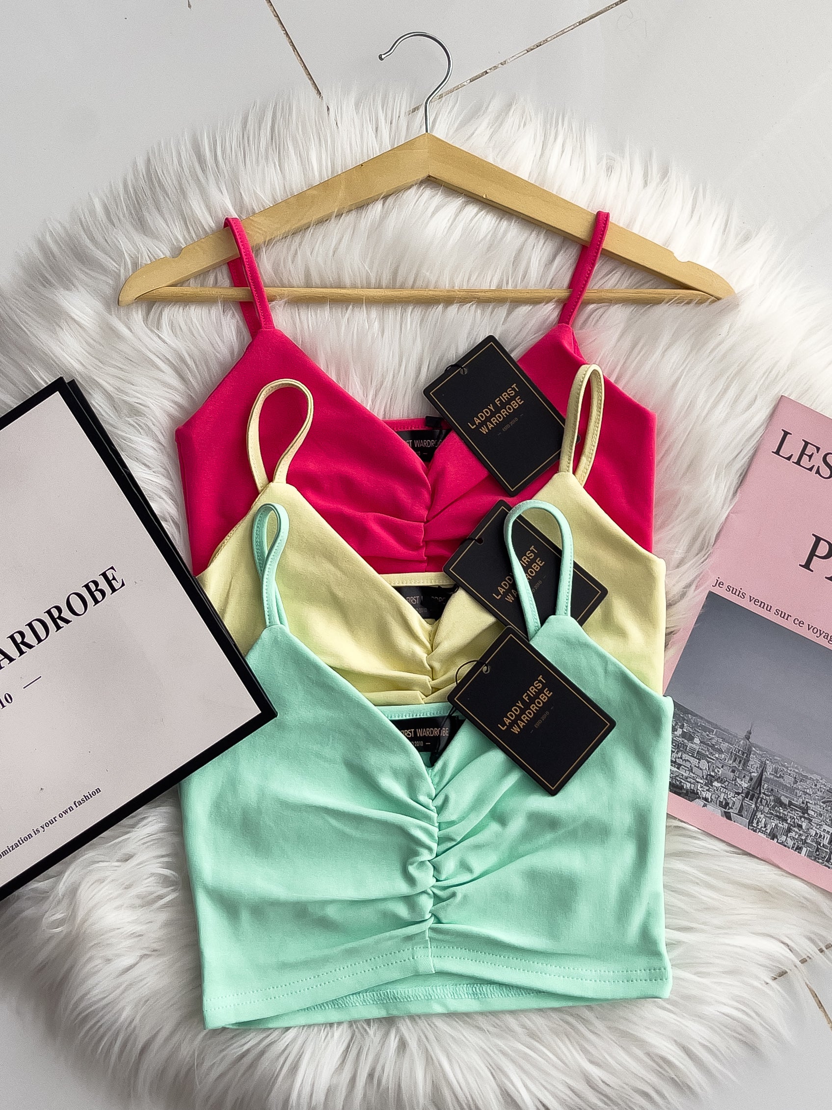 【T3358】V领小皱褶设计细带无袖纯棉弹力内搭上衣 ❤❤【A-R2-C2】