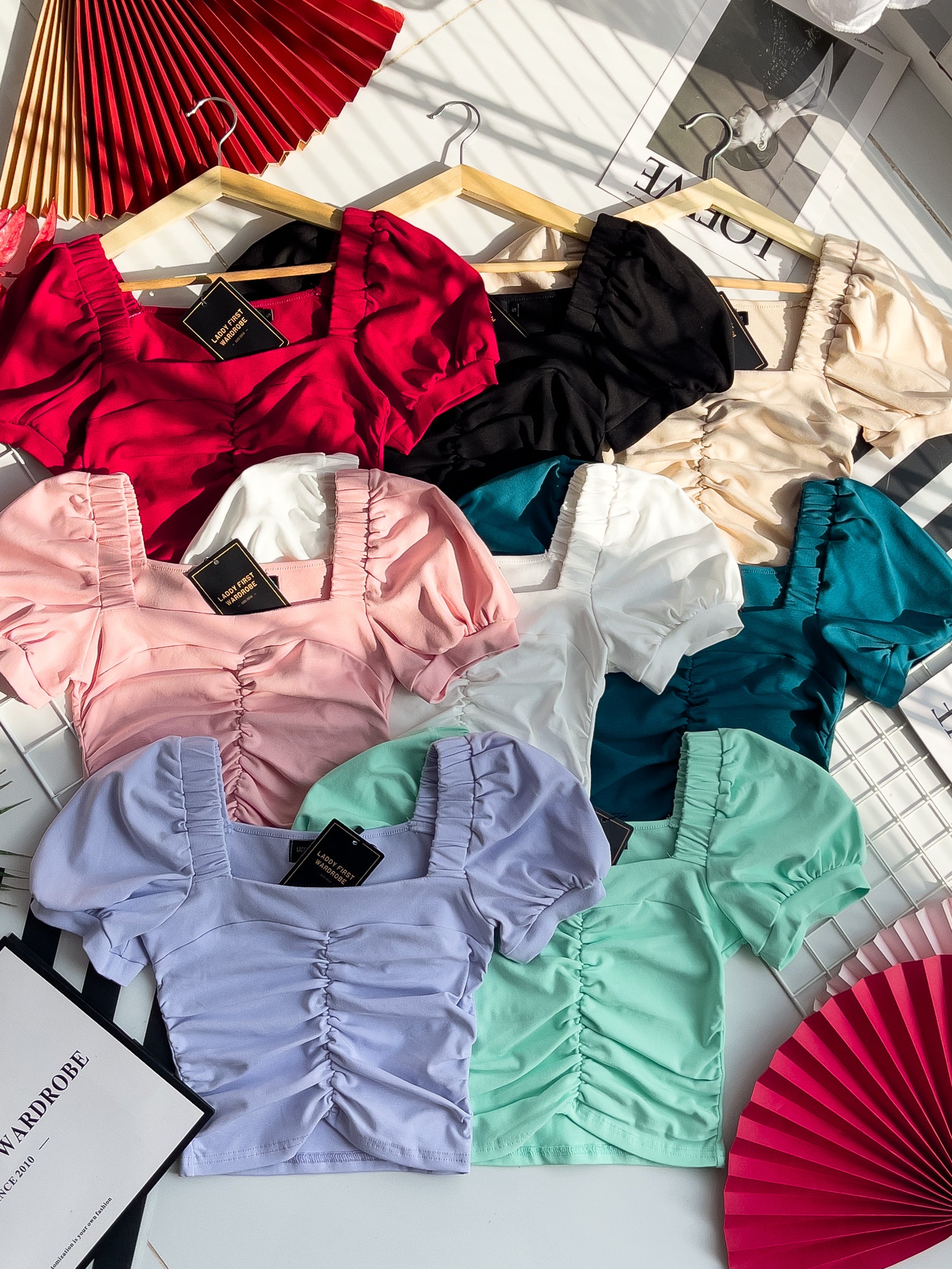 【T3408】独家爆款方领宫廷袖皱褶修身设计纯棉弹力百搭上衣 ❤❤ 【A-R1-C5】