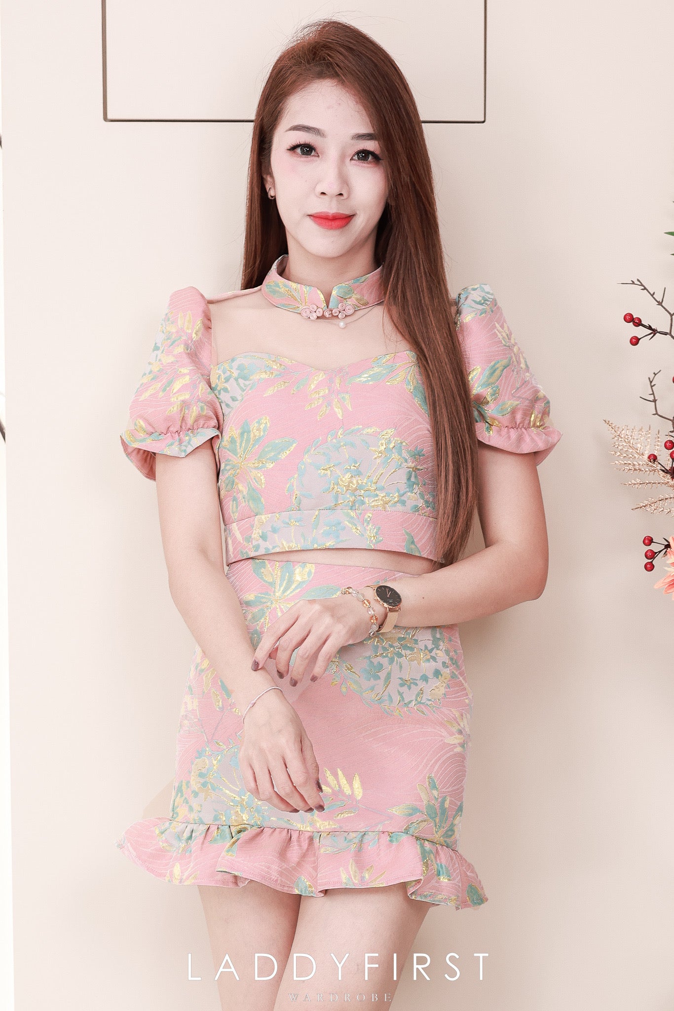 【SS3386-2】【LFW独家小圆饼】高品质两件式提花旗袍套装 泡泡袖提花拼接网纱旗袍上衣➕荷叶摆提花高腰裙子，内层有里布短裤 ❤️❤️