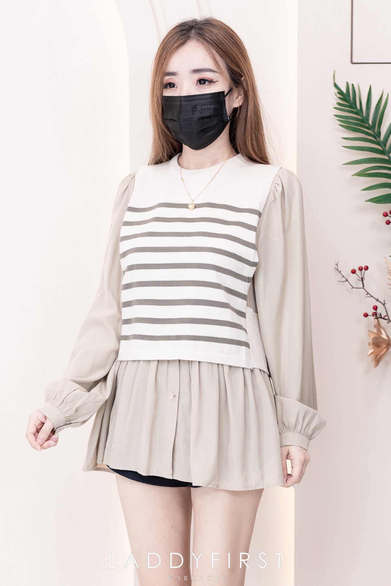 【T99151】⚡补货预订款⚡两件式韩系时尚宽松娃娃衬衫上衣➕针织线条无袖上衣 ❤❤