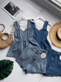 【SS3419】【独家小圆饼】COTTON JEANS 两件式牛仔时尚套装 #牛仔有弹力 无袖牛仔娃娃上衣➕牛仔高腰百搭短裤，后副伸缩弹力有口袋 ❤️❤️【C-R1-C4】